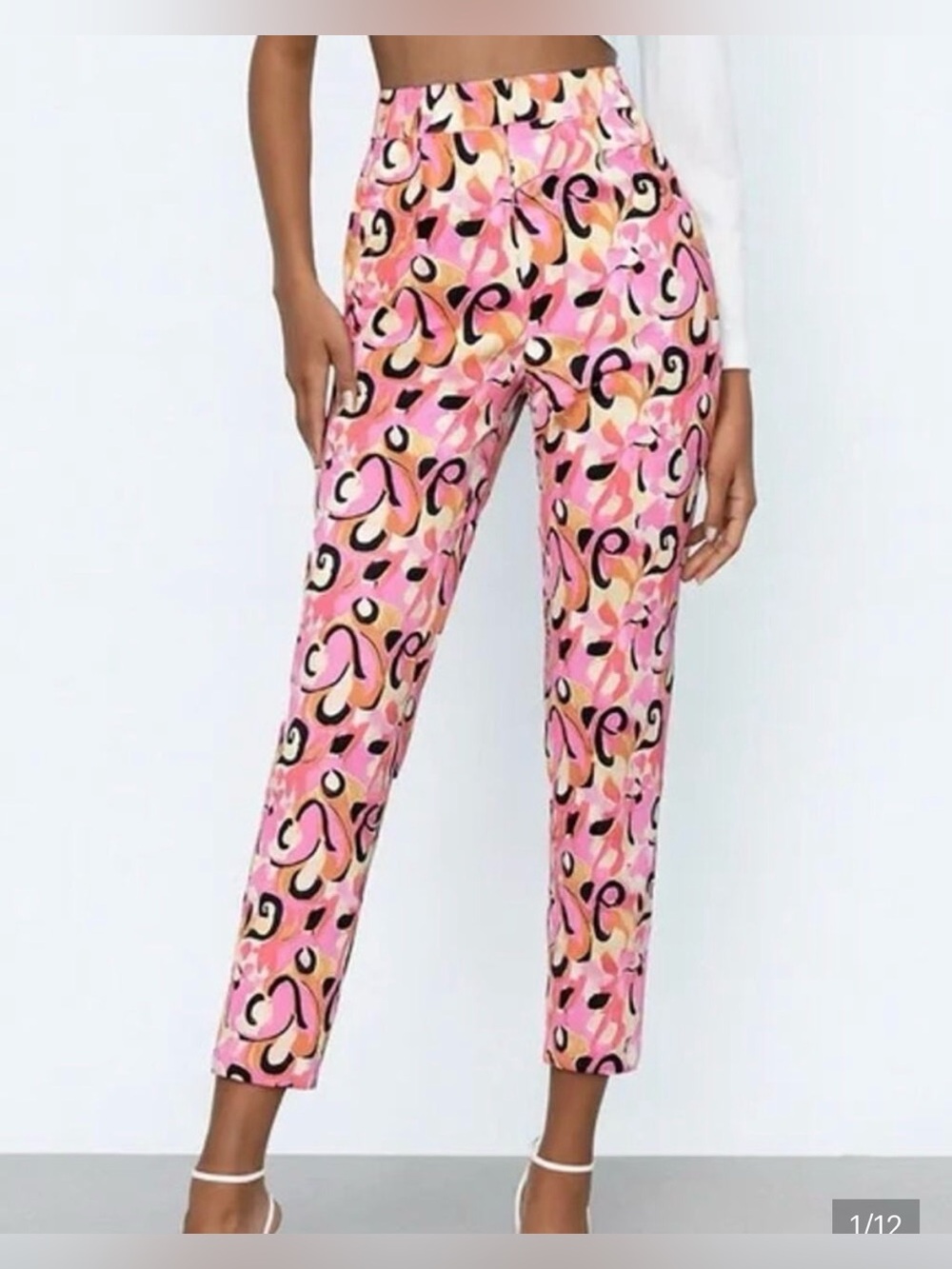 Zara Printed Pink High-Rise Slim Crop Pants